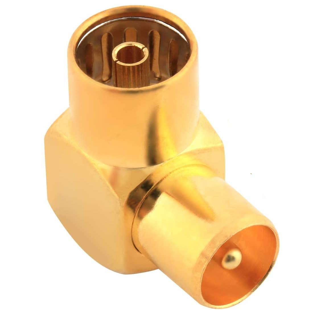 Adaptador antena coaxial macho - hembra en angulo recto  Dorado