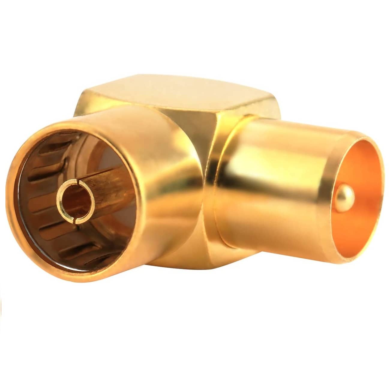 Adaptador antena coaxial macho - hembra en angulo recto  Dorado