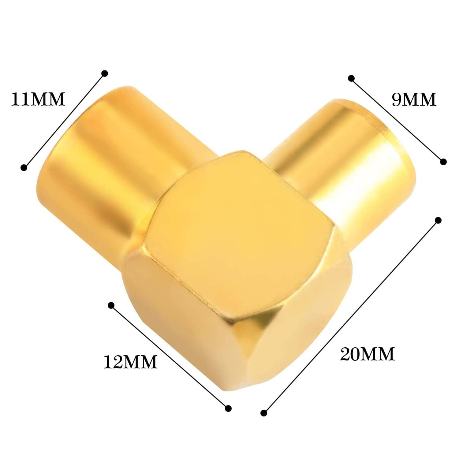 Adaptador antena coaxial macho - hembra en angulo recto  Dorado