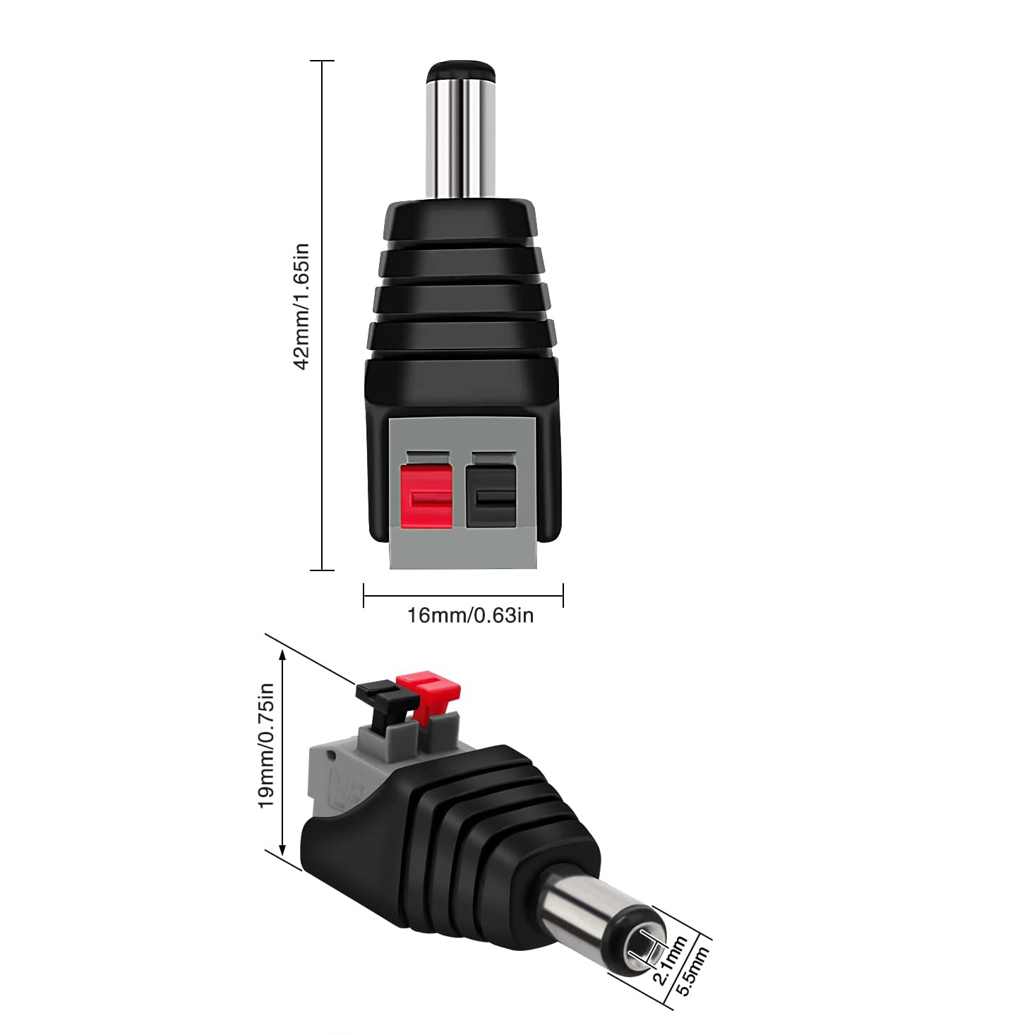 Conector DC macho 5.5 x 2.1 mm terminal  Negro