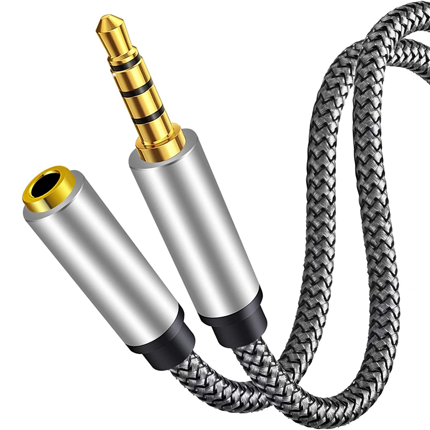 Cable alargador audio textil 4 pin jack 3.5 mm 2 M Plateado