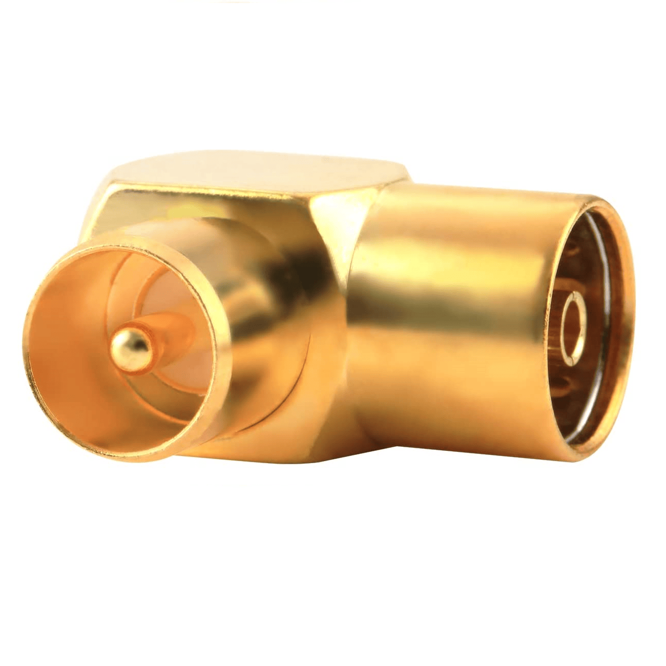 Adaptador antena coaxial macho - hembra en angulo recto  Dorado