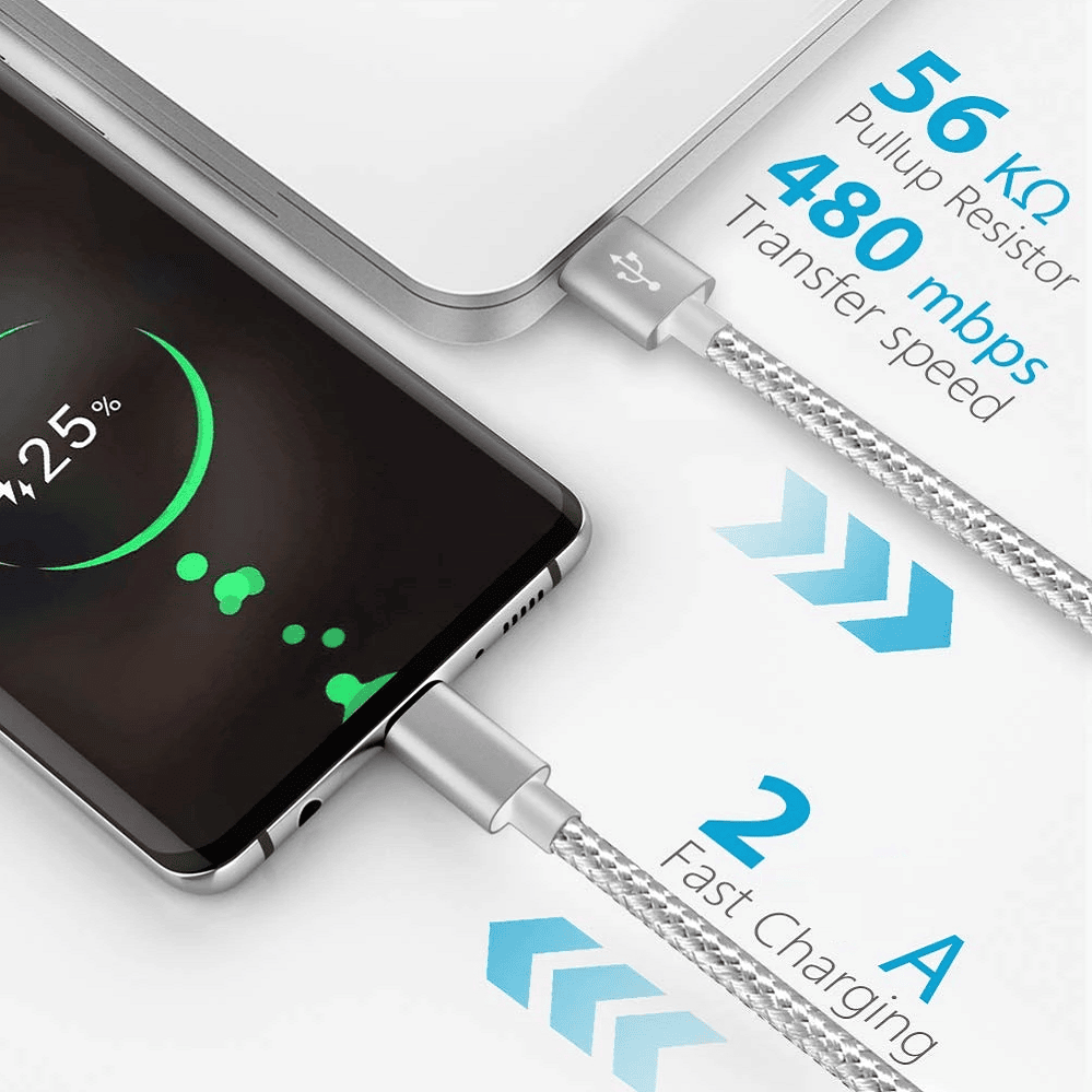 Cable USB C carga rápida y sincronización Nylon trenzado 2 M Plateado 2A