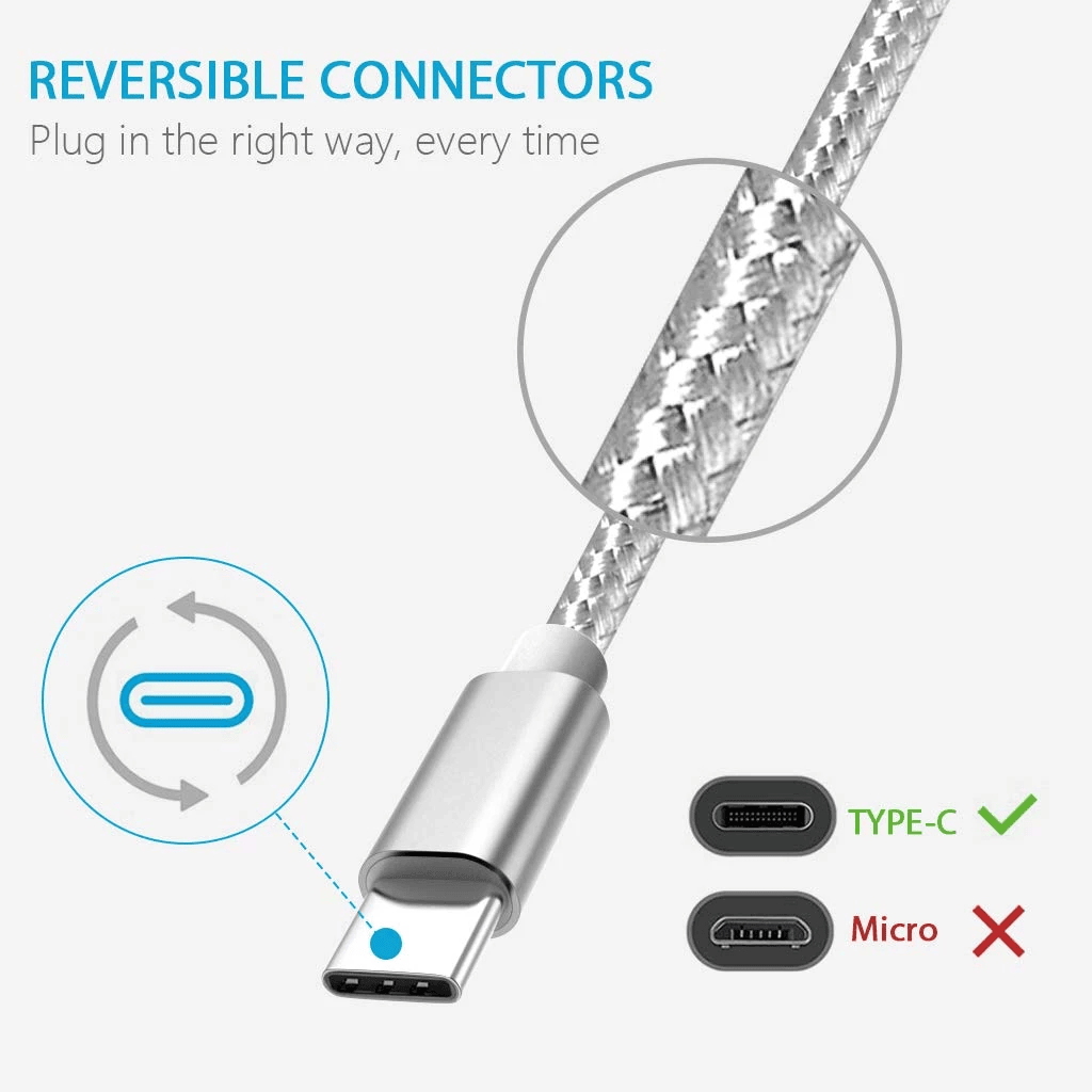 Cable USB C carga rápida y sincronización Nylon trenzado 2 M Plateado 2A