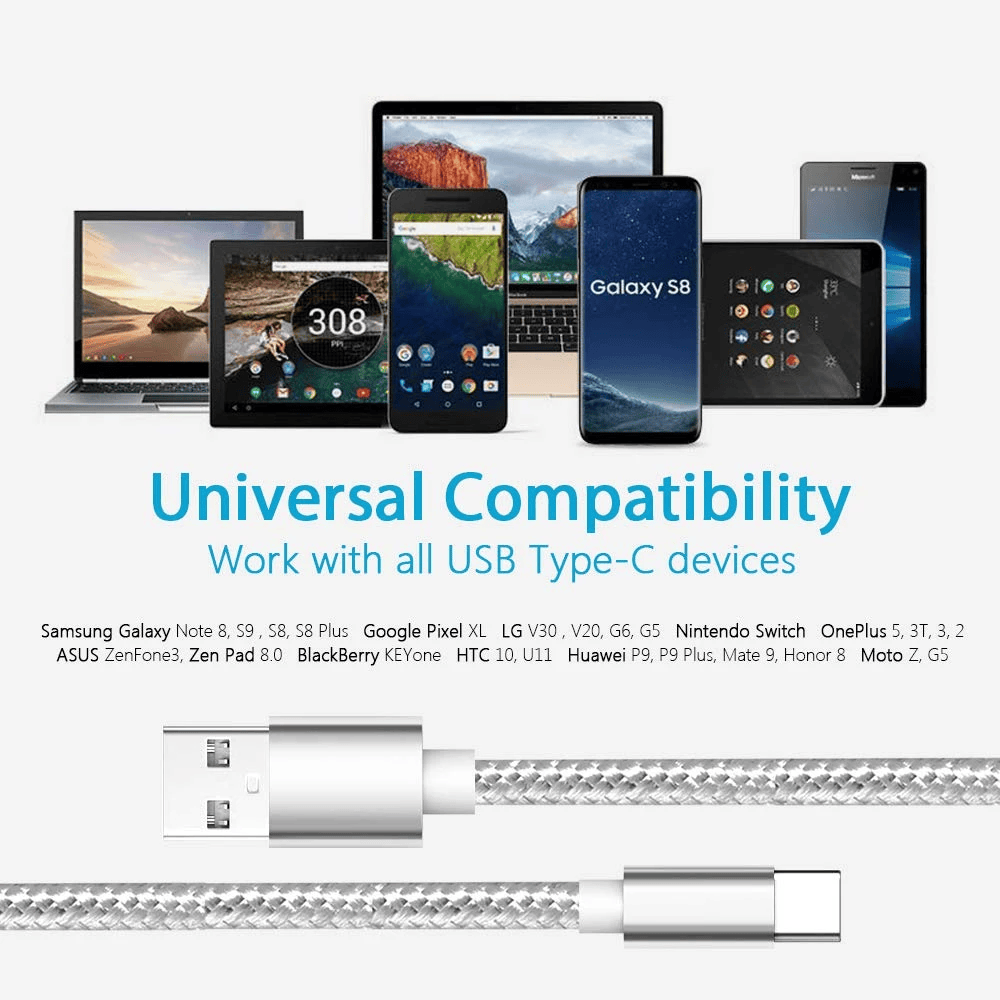 Cable USB C carga rápida y sincronización Nylon trenzado 2 M Plateado 2A