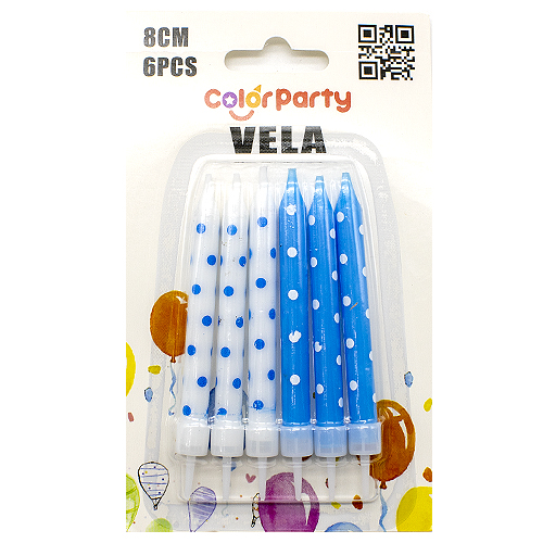Vela de cumpleaños puntitos (6 uds) 8 cm blanco-azul