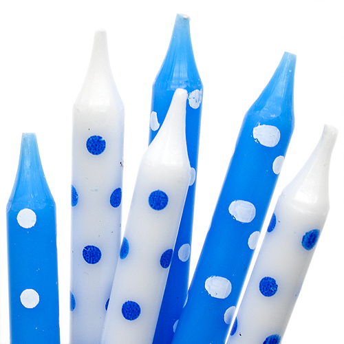 Vela de cumpleaños puntitos (6 uds) 8 cm blanco-azul