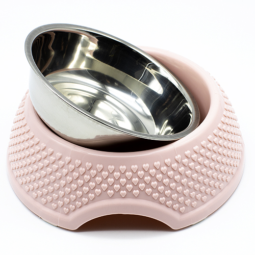 Comedero metal y caucho redondo para mascotas 18 cm Rosa claro