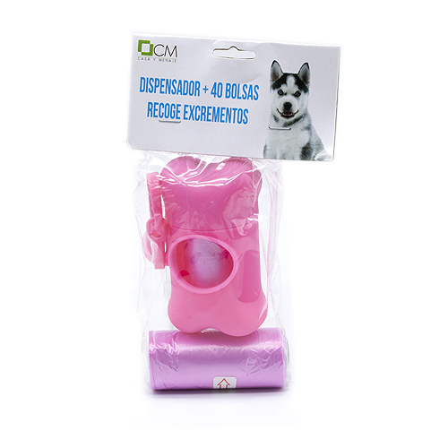Dispensador de bolsas recoge cacas perro 15 bolsas  Rosa