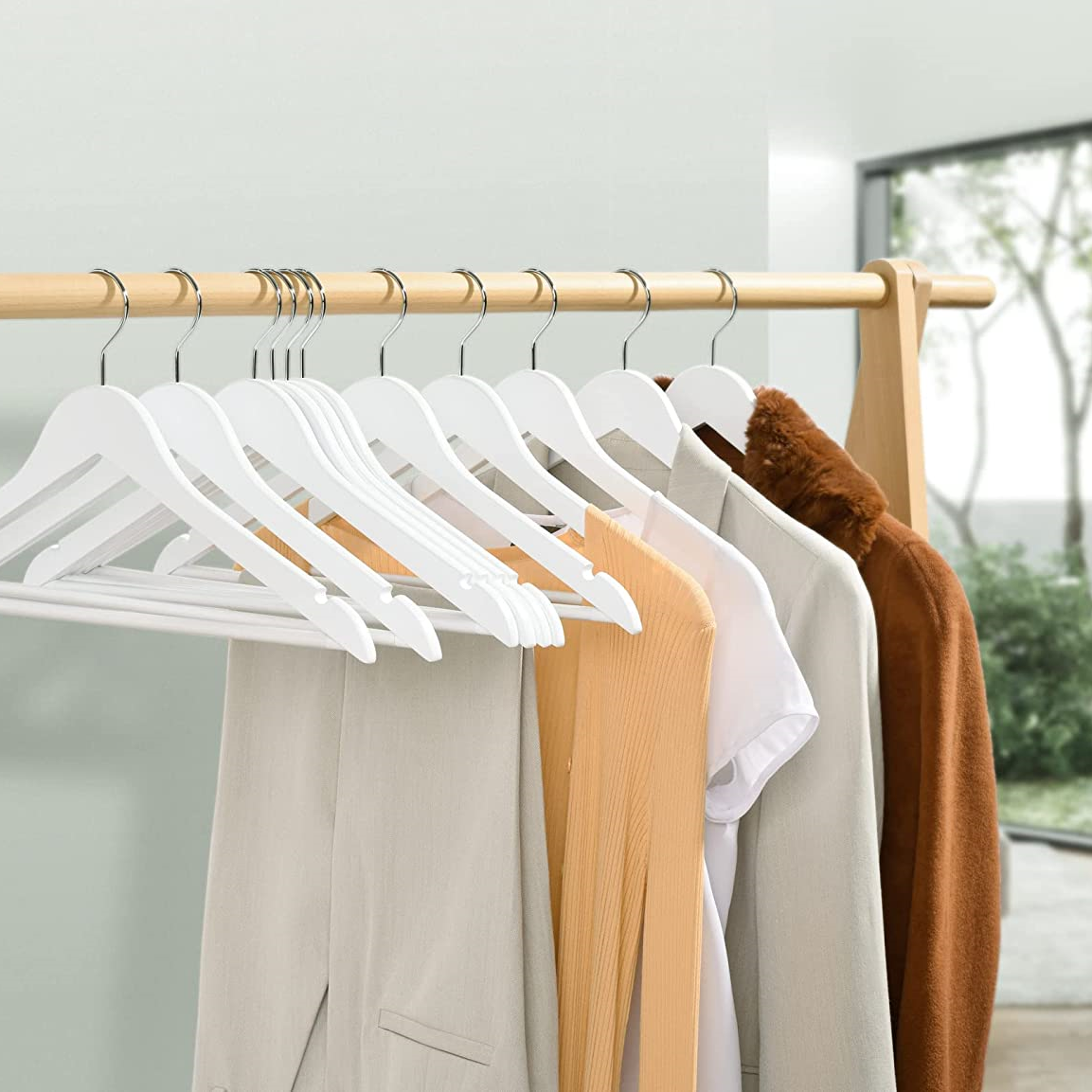 Pack 3 perchas de madera organizador con barra pantalon  Blanco