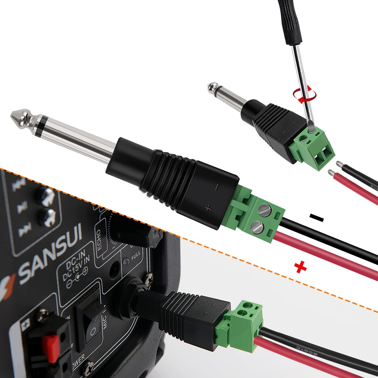 Conector Jack 6.35 mm macho TS Mono terminal de tornillo  Negro