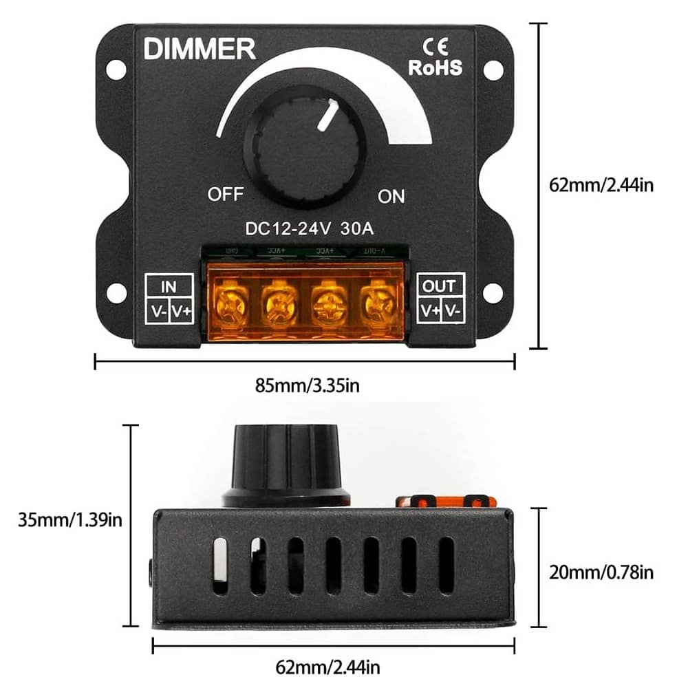 Controlador Dimmer de intensidad tira led 12V 24V 30A  Negro