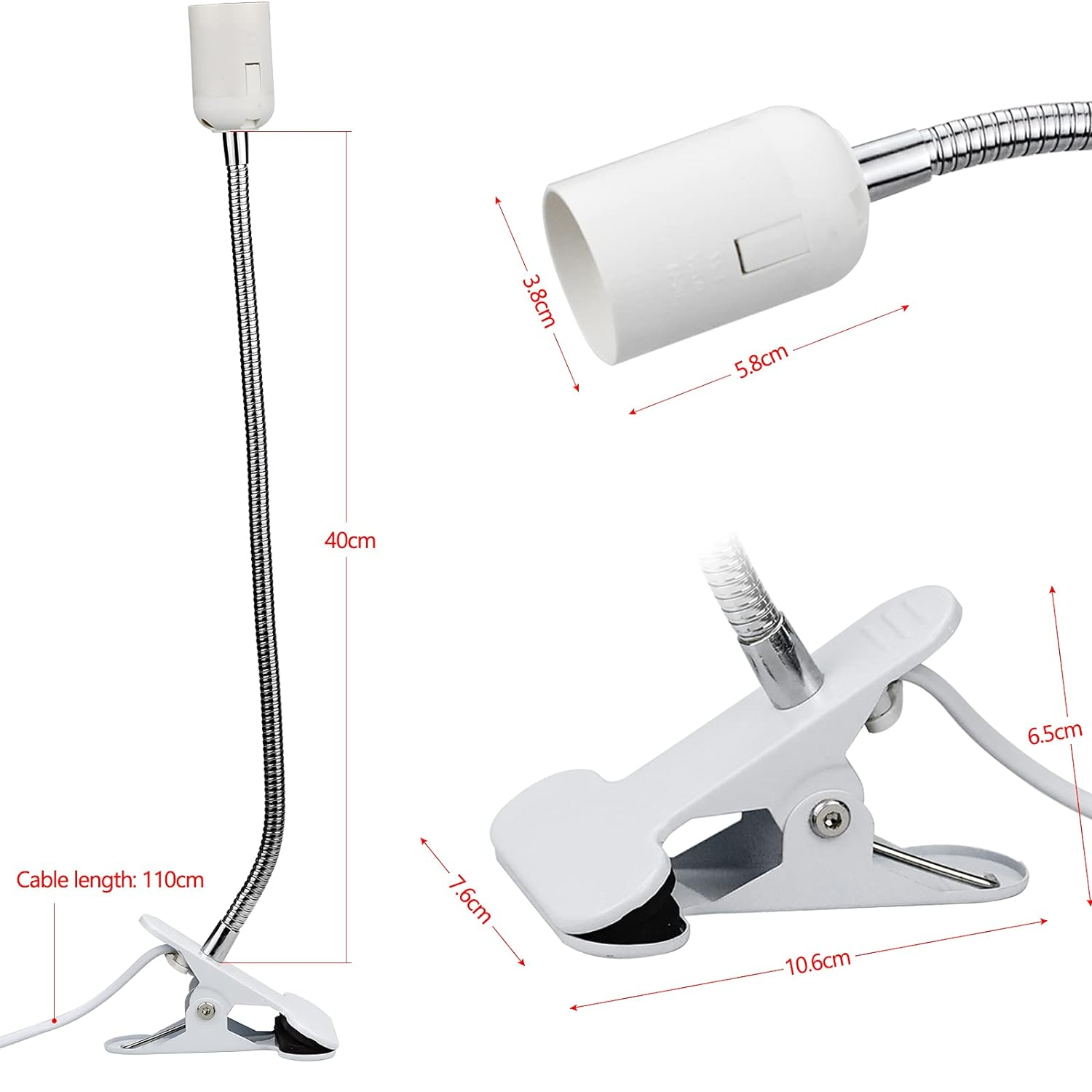 Portalámparas E27 con Pinza e Interruptor  Blanco