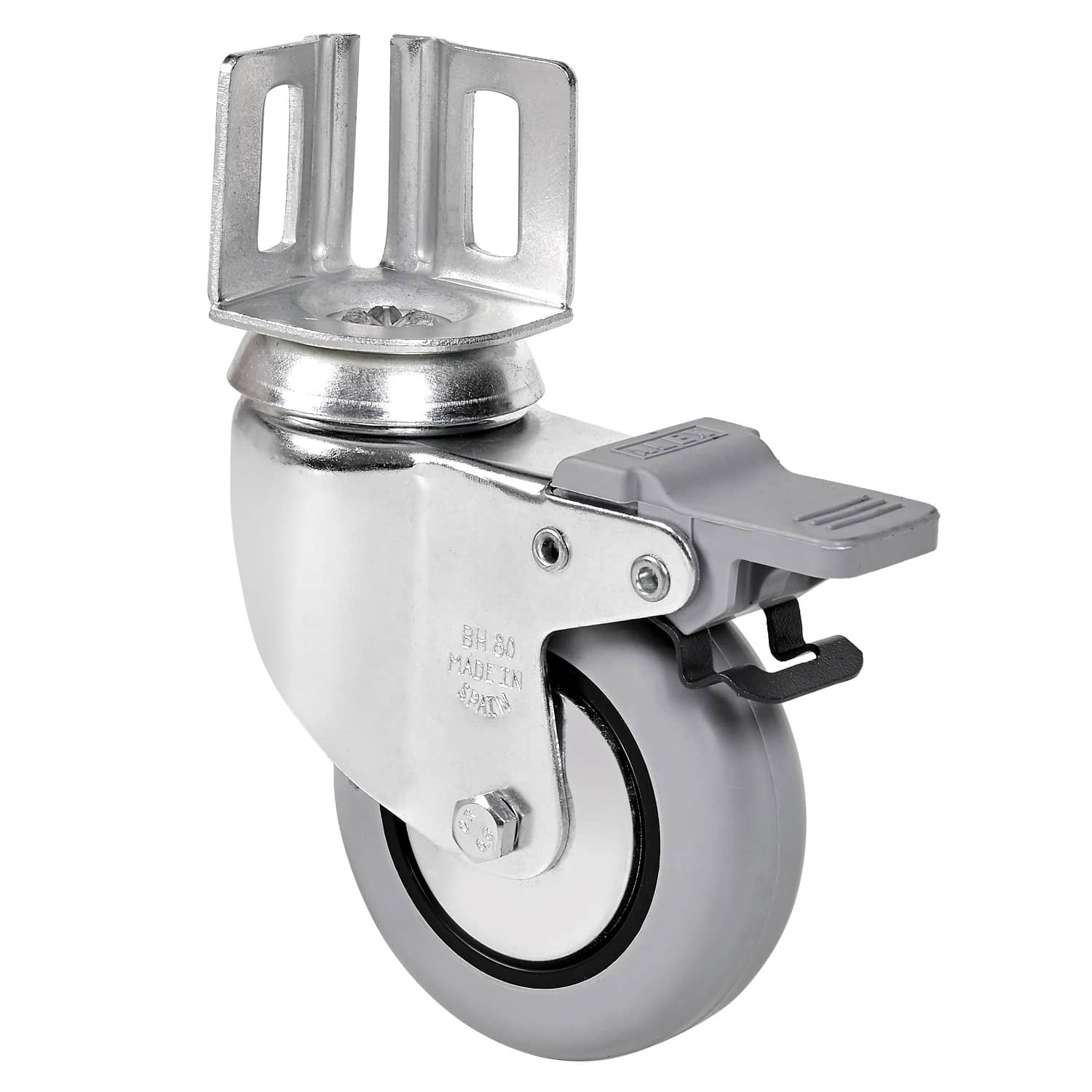 Rueda pivotante con pletina angular y freno 60 mm  Gris