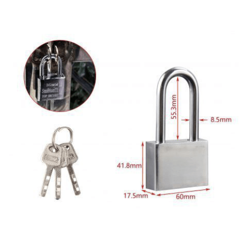 Candado arco largo de laton macizo con llave 60 mm Plateado