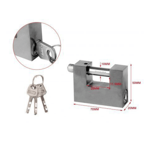 Candado rectangular seguridad de laton macizo con llave 70 mm Plateado