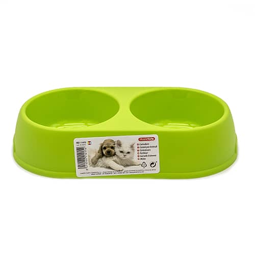 Comedero plastico doble redondo para mascotas  Verde