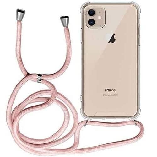 Funda silicona transparente iphone 11 TPU con cuerda  Rosa claro