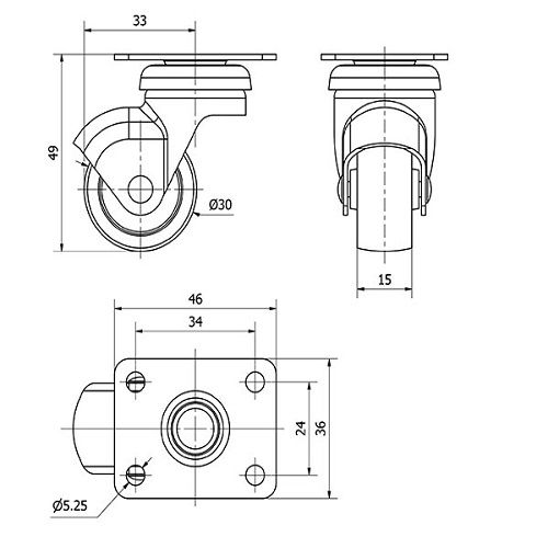 Rueda pivotante de plastico sin freno 30 mm  Gris
