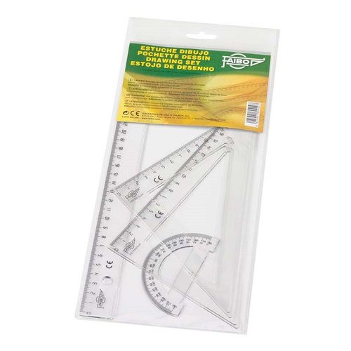 Estuche con regla, escuadra, cartabon y semicirculo  Transparente
