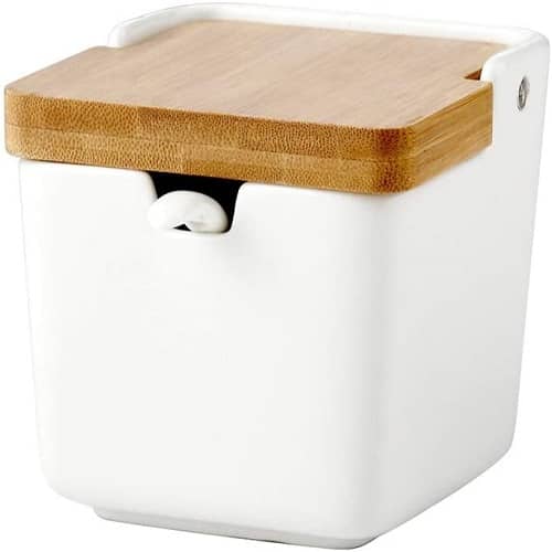 Azucarero de cocina de ceramica con tapa de bambu  Blanco