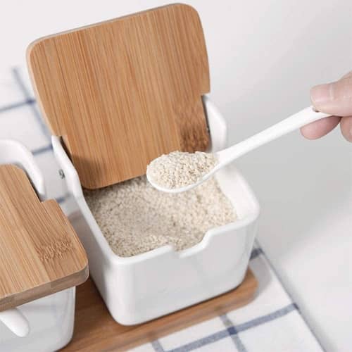 Azucarero de cocina de ceramica con tapa de bambu  Blanco