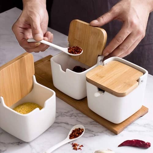 Azucarero de cocina de ceramica con tapa de bambu  Blanco