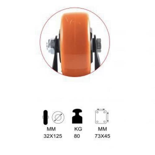 Rueda fija industrial de poliuretano sin freno 125 mm Naranja