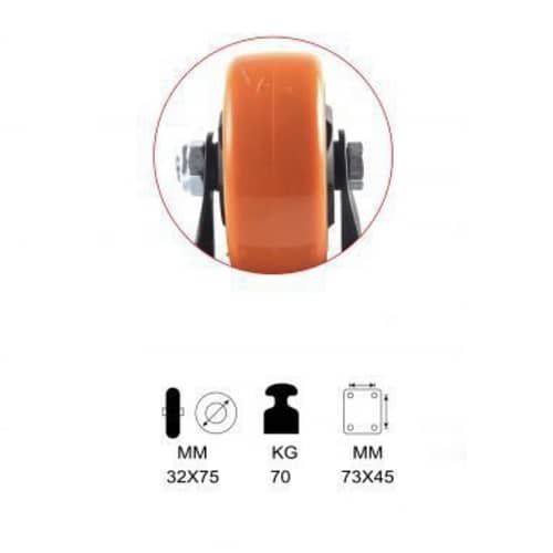 Rueda fija industrial de poliuretano sin freno 75 mm Naranja