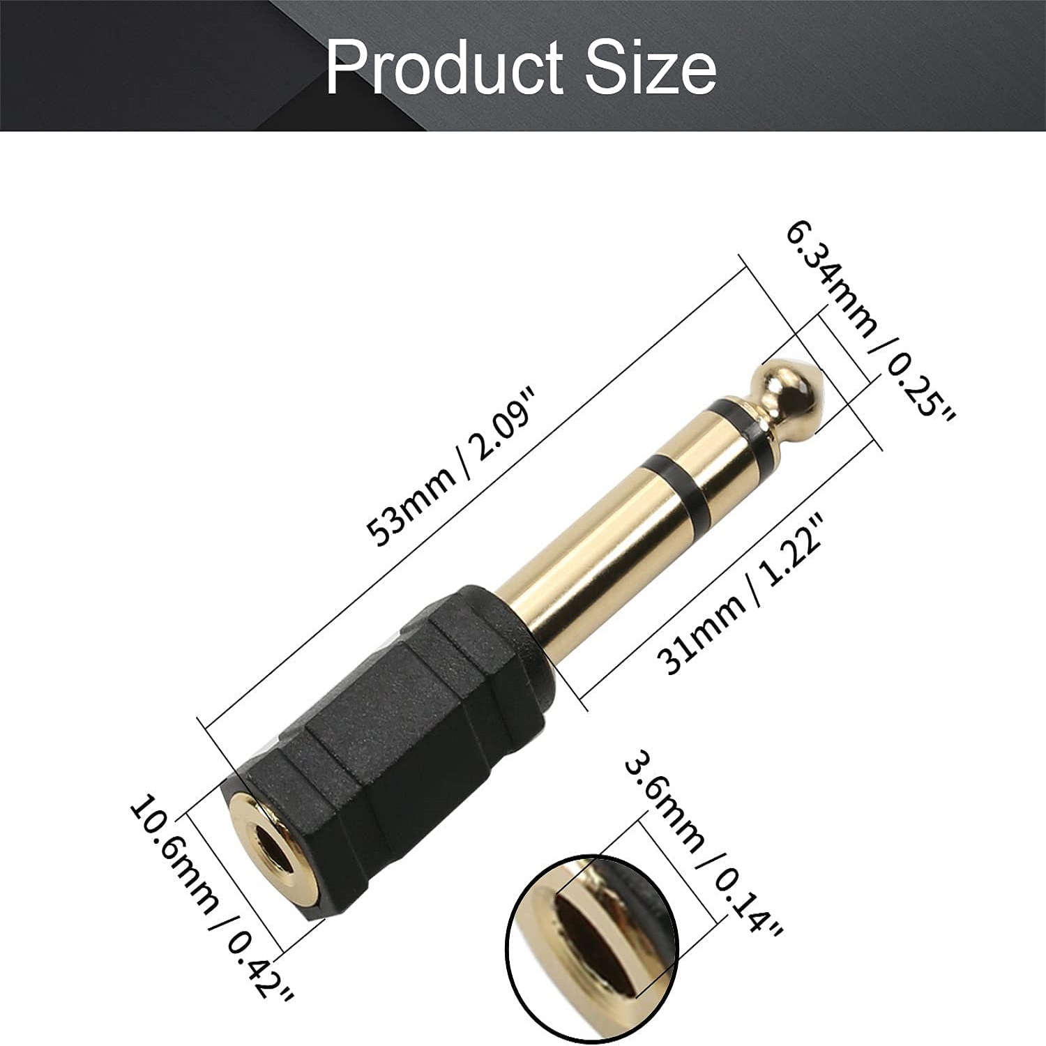 Adaptador audio estereo jack 3.5 hembra - jack 6.35 macho  Dorado