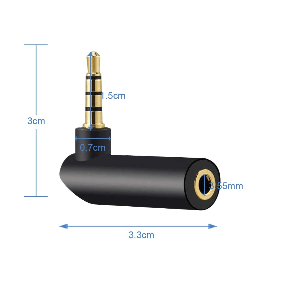 Adaptador audio estereo jack 3.5 mm acodado 4 pin dorado  Negro