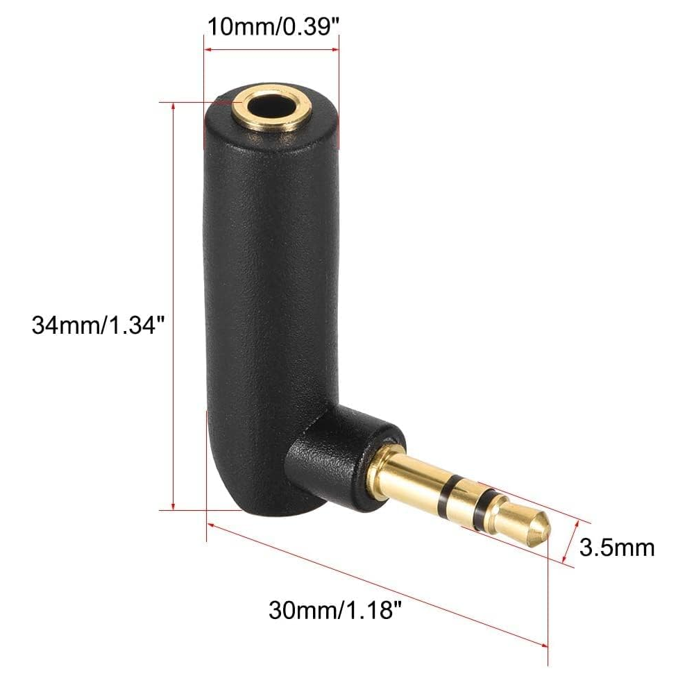 Adaptador audio estereo jack 3.5 mm acodado dorado  Negro