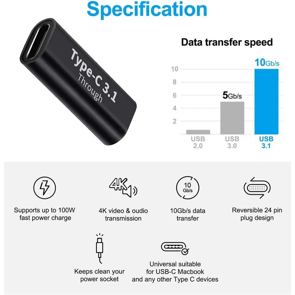 Adaptador empalme USB C 3.1 hembra Metalico  Negro
