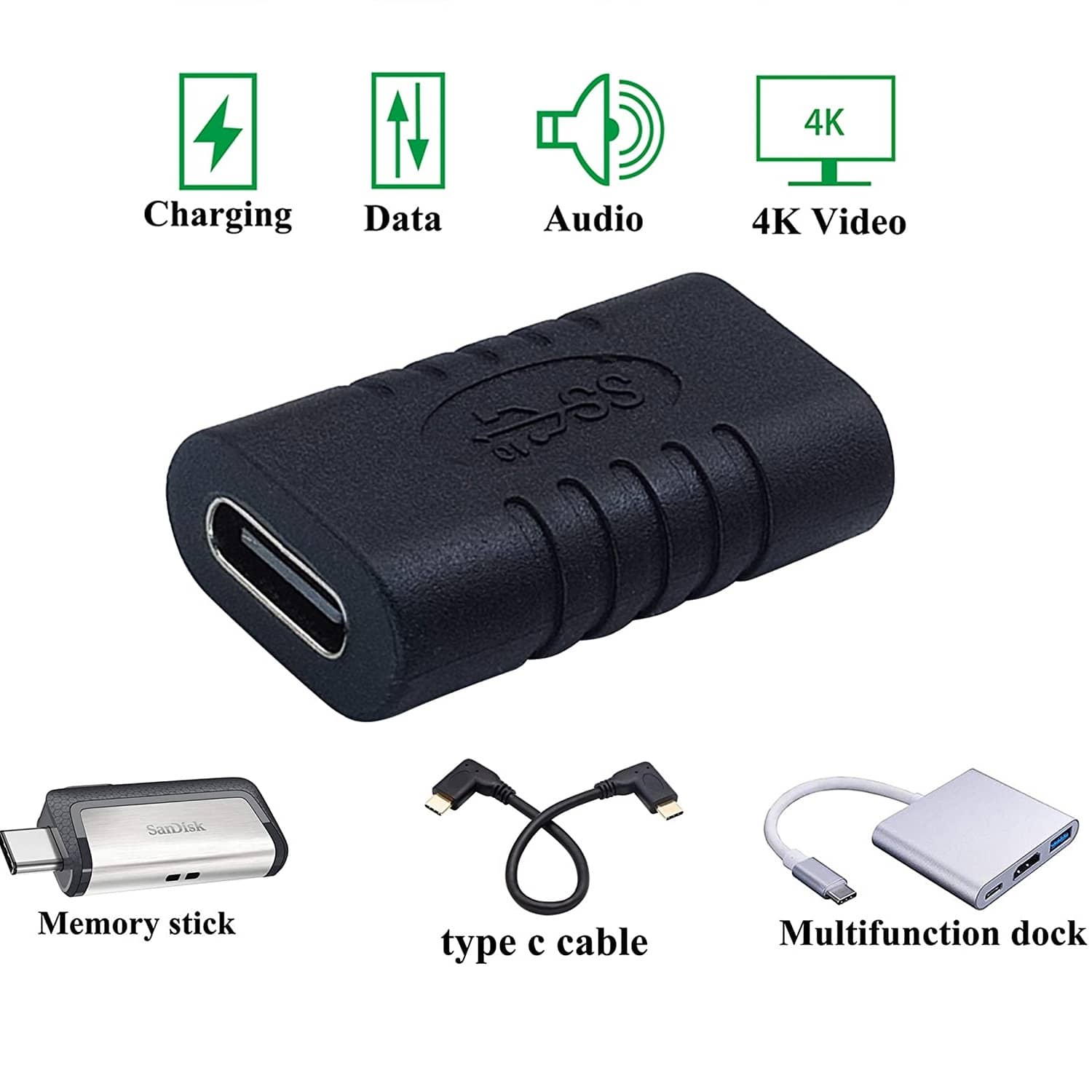 Adaptador empalme USB-C hembra  Negro