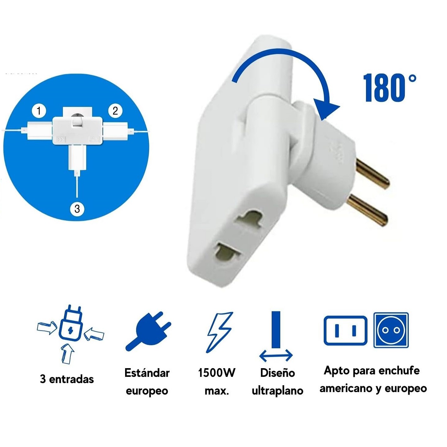Adaptador enchufe Plano de Toma de Pared  Blanco 10 A