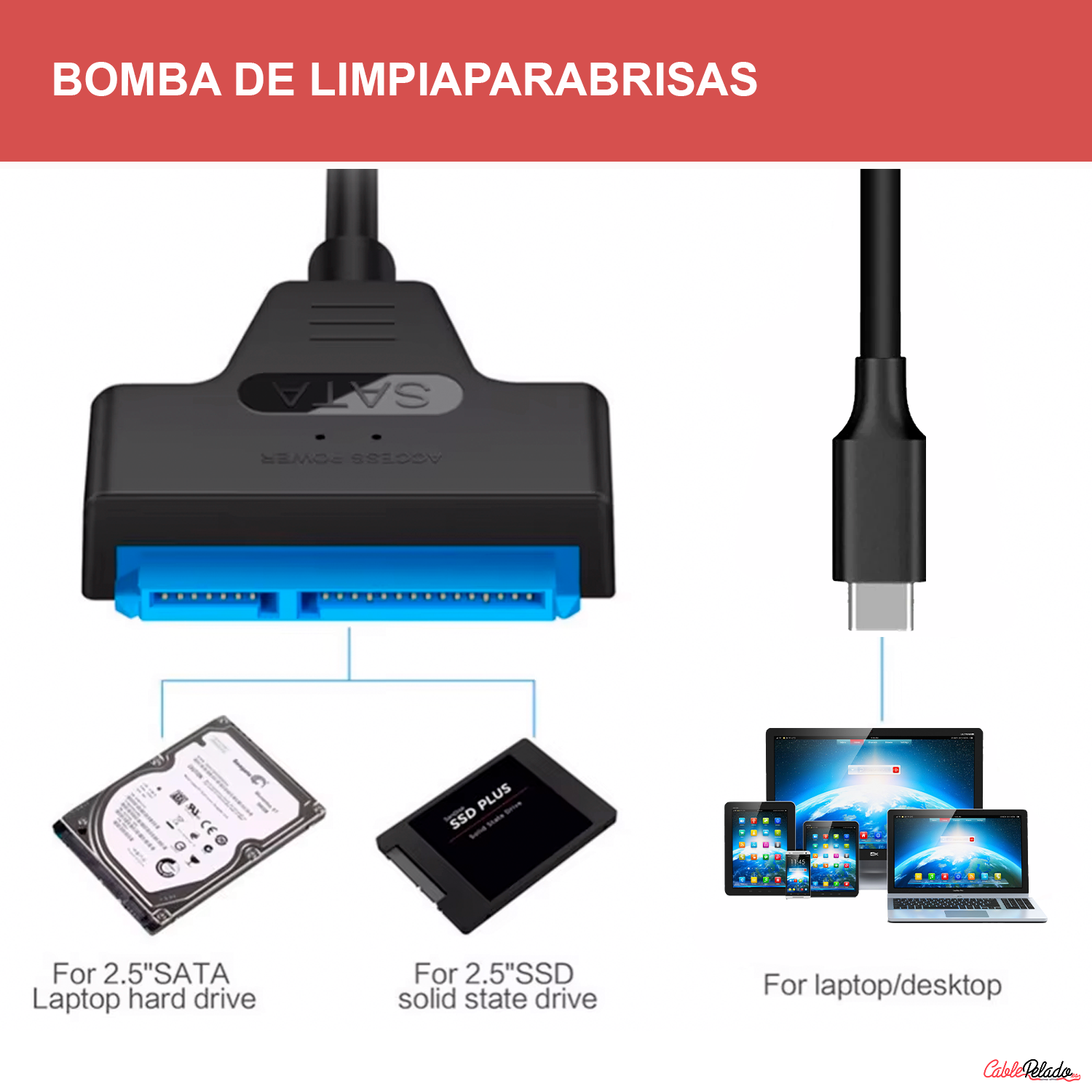 Adaptador SATA a USB-C 3.0 Discos 2.5/3.5 0.20 M Negro
