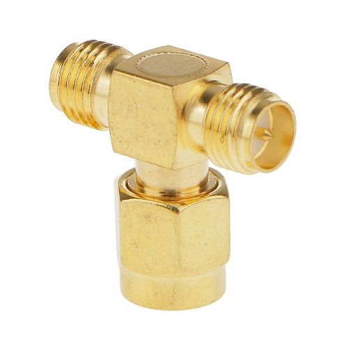 Adaptador triple T RF RP-SMA hembra a 2x RP-SMA  Dorado