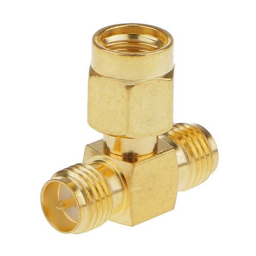 Adaptador triple T RF RP-SMA hembra a 2x RP-SMA  Dorado