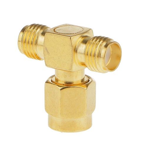 Adaptador triple T RF SMA Macho a 2x SMA  Dorado