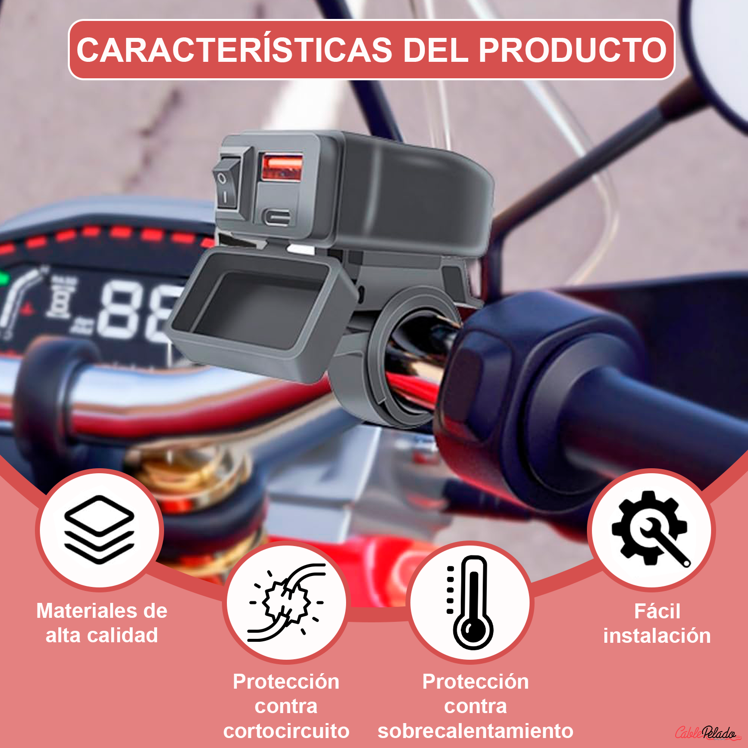 Adaptador Universal Para Toma Impermeable Para Manillar Con Carga Rápida USB+Type-C Para Moto  Negro