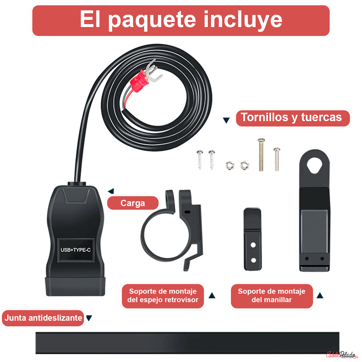 Adaptador Universal Para Toma Impermeable Para Manillar Con Carga Rápida USB+Type-C Para Moto  Negro