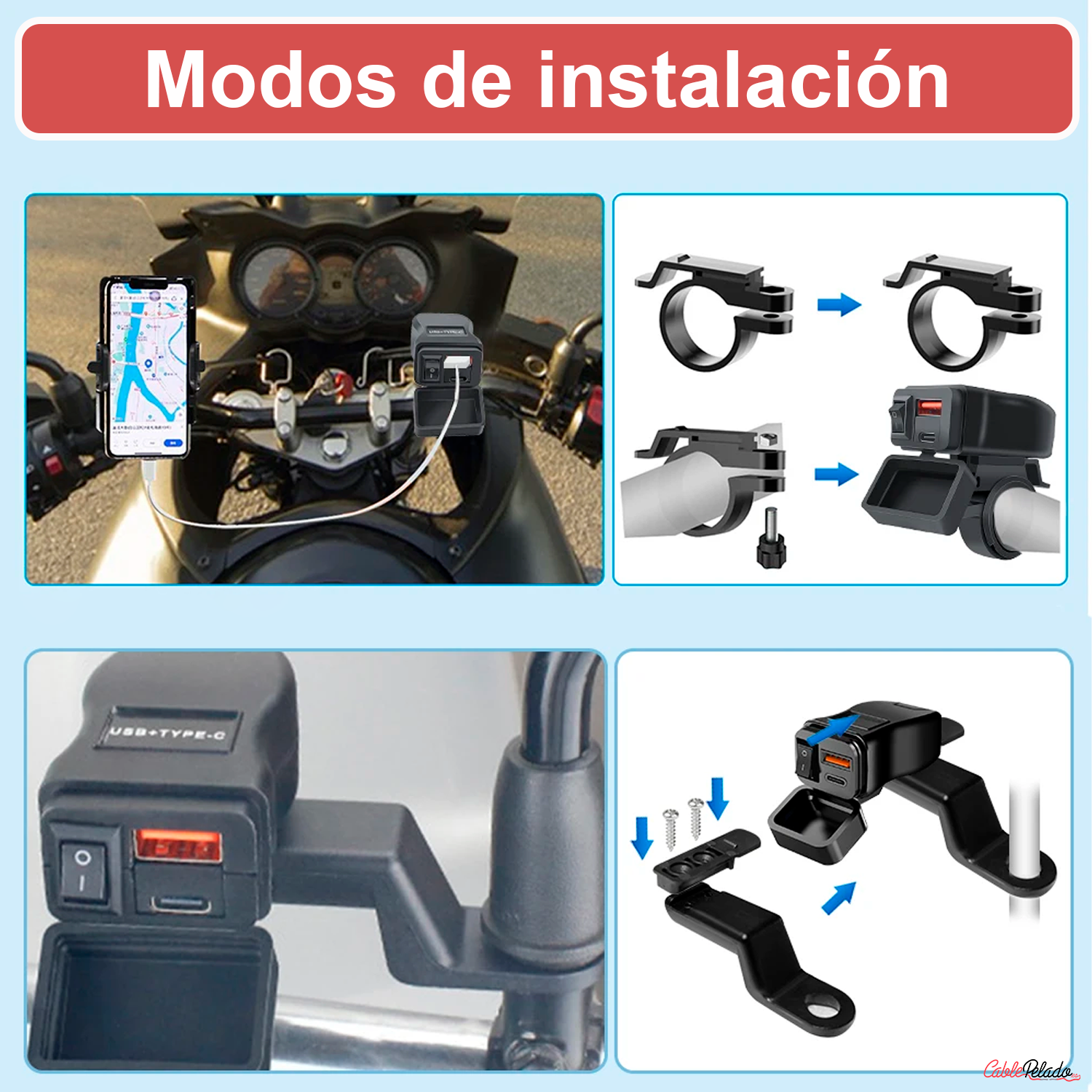 Adaptador Universal Para Toma Impermeable Para Manillar Con Carga Rápida USB+Type-C Para Moto  Negro
