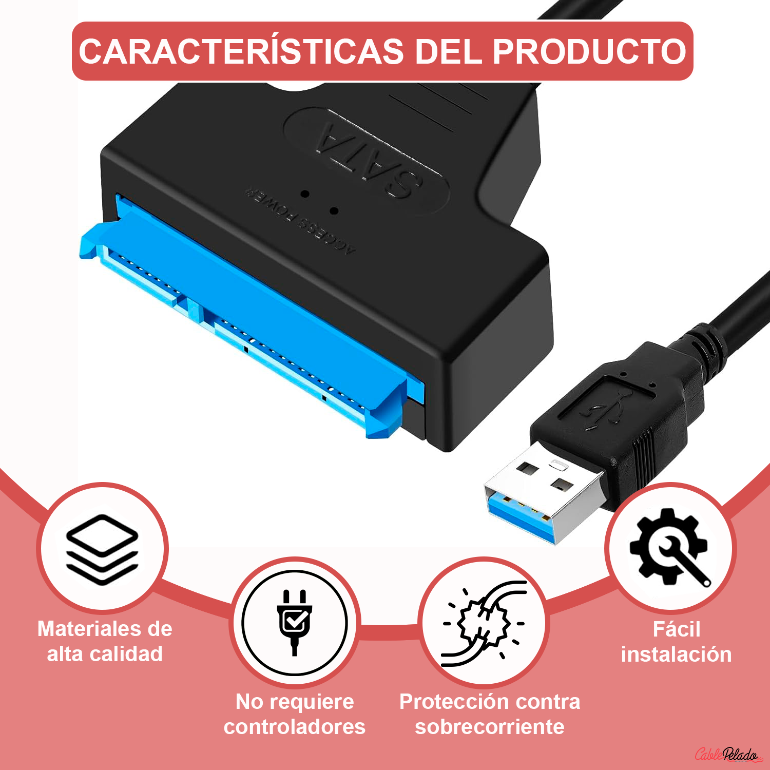 Adaptador USB 3.0 a SATA para HDD y SSD de 2,5 Pulgadas 0.30 M Negro