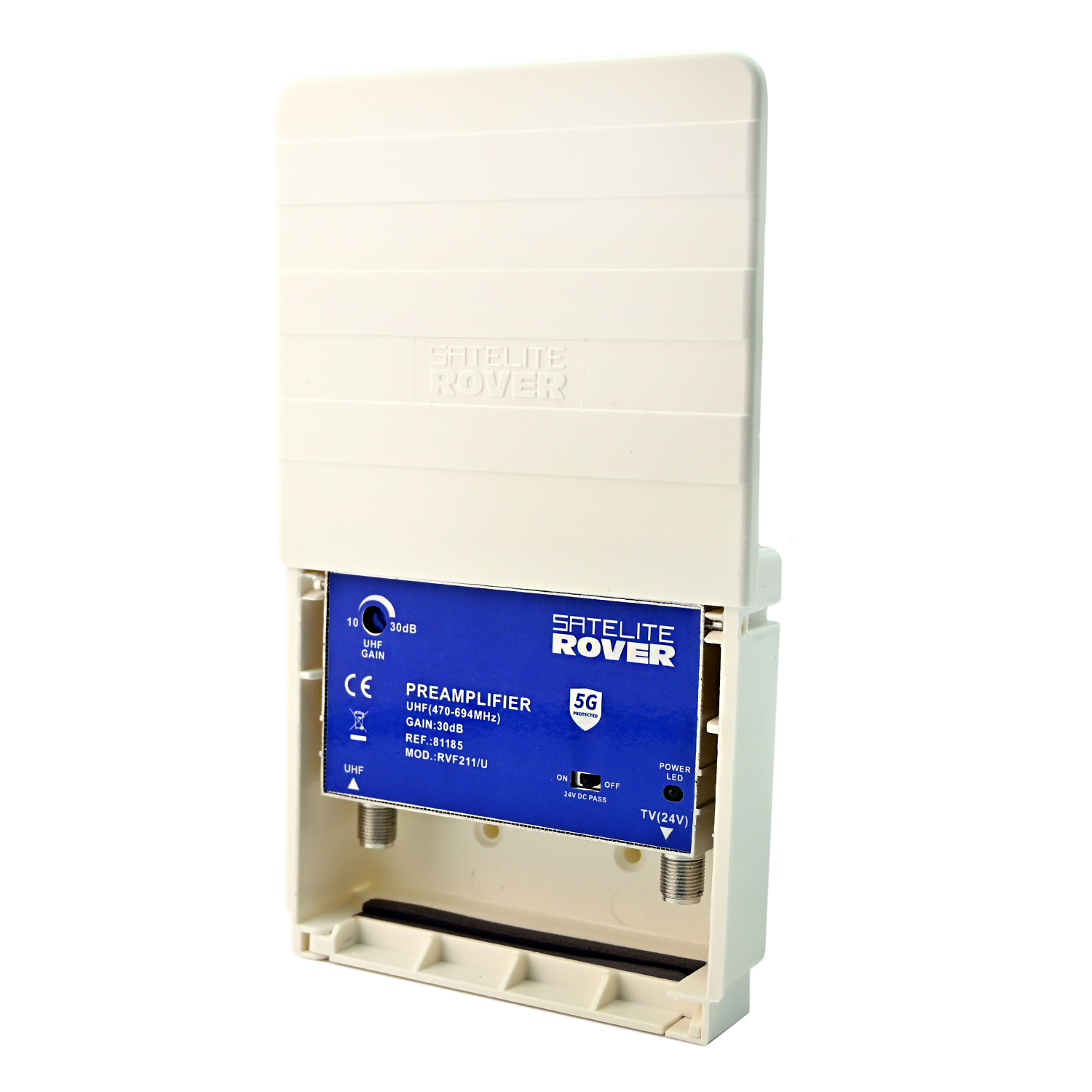 Amplificador de mastil con ganancia 30dB 1e UHF exterior  Blanco