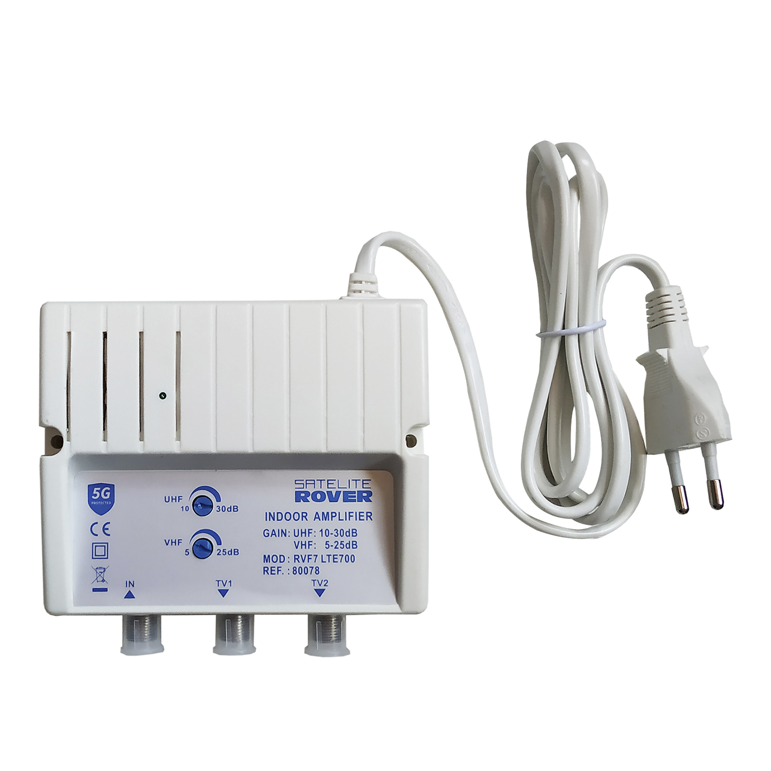 Amplificador interior de vivienda UHF 30dB 5G con 2 salidas  Blanco