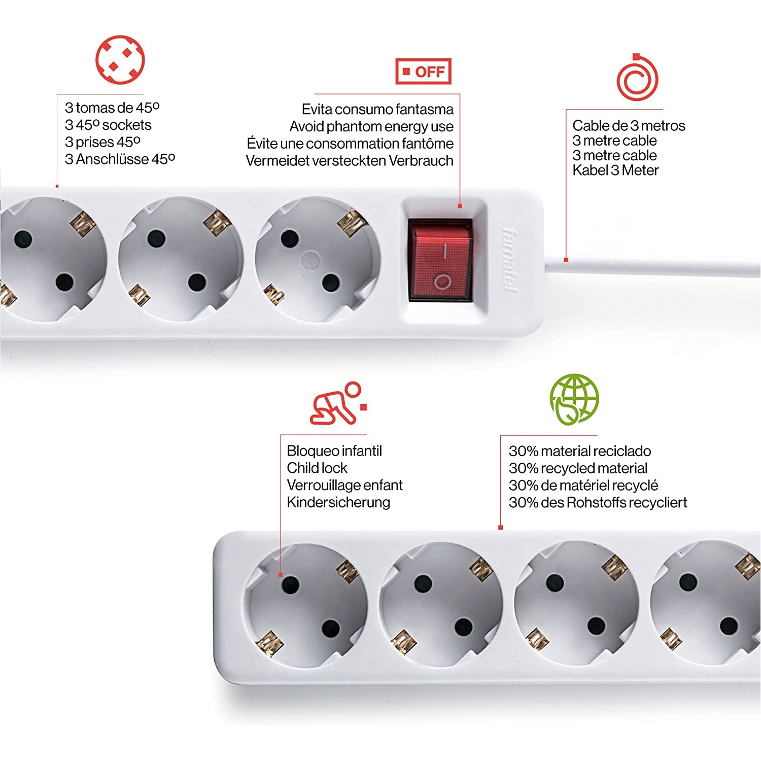 Base de enchufe 3 tomas con interruptor 1.5 M Blanco