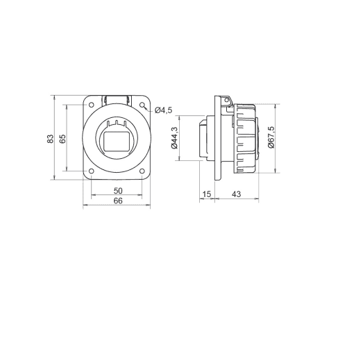 Base enchufe industrial hembra 2P+T 250V IP67 empotrar  Azul 16 A