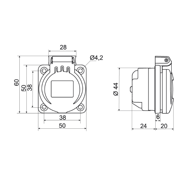 Base enchufe industrial hembra 2P+T 250V IP54 empotrar  Azul 16 A