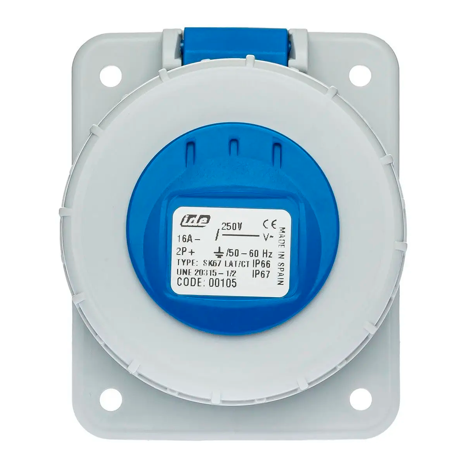 Base enchufe industrial hembra 2P+T 250V IP67 empotrar  Azul 16 A