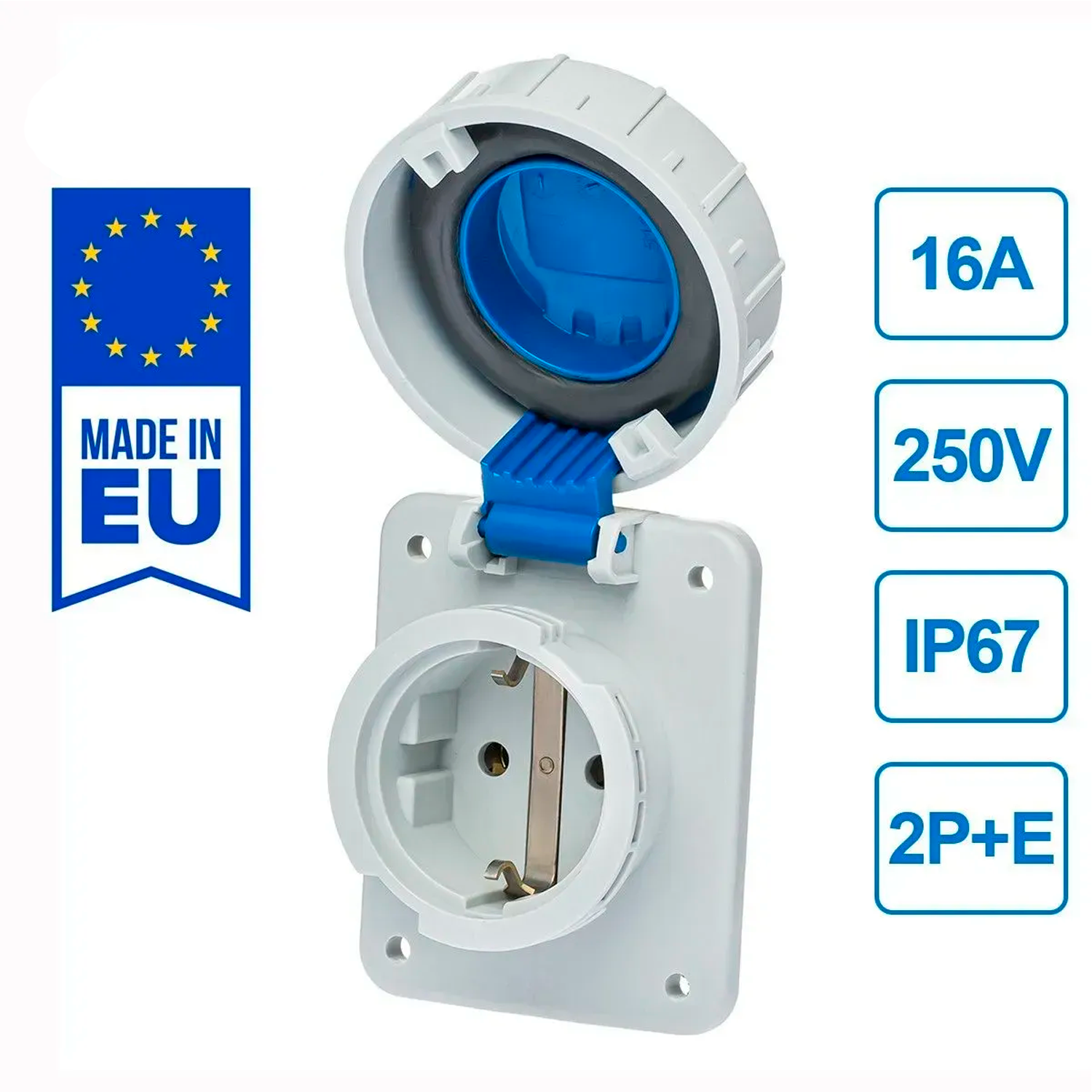 Base enchufe industrial hembra 2P+T 250V IP67 empotrar  Azul 16 A